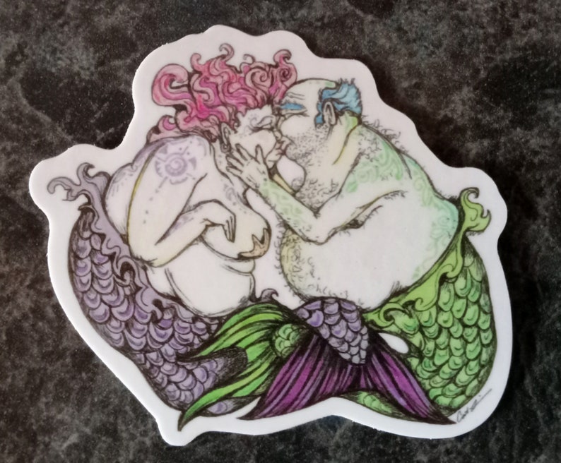 Vinyl sticker. Kissing Merfolk. 2.25x2.75 inches. Inspired by original piece. Merfolk. Mermaid art. Merman art. Mermaid stickers. image 1