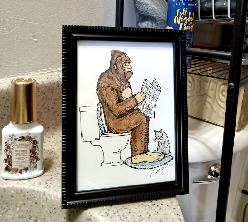 Framed print. Bigfoot Bathroom Buddies. Part two, Nature Calls. 5x7 inch. Bathroom art. Bigfoot on the Toilet. Bigfoot art. Sasquatch. image 1