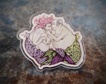 Art Pin. Kissing Merfolk.1.25 inches in diameter. Mermaid art. Merfolk. Mermaid pins. Acrylic Pin. Mermaid gifts. Body positive art.