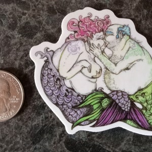 Vinyl sticker. Kissing Merfolk. 2.25x2.75 inches. Inspired by original piece. Merfolk. Mermaid art. Merman art. Mermaid stickers. image 4