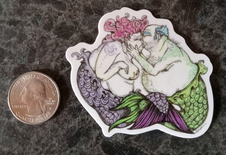 Vinyl sticker. Kissing Merfolk. 2.25x2.75 inches. Inspired by original piece. Merfolk. Mermaid art. Merman art. Mermaid stickers. image 4