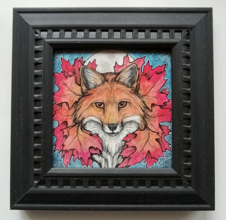 Framed photo print. Fall Fox. Fox Magic. 4x4 inch. Signed by artist. Fox Art. Autumnal Art. Nature lover. Foxes. Fox painting print. Fox. image 1