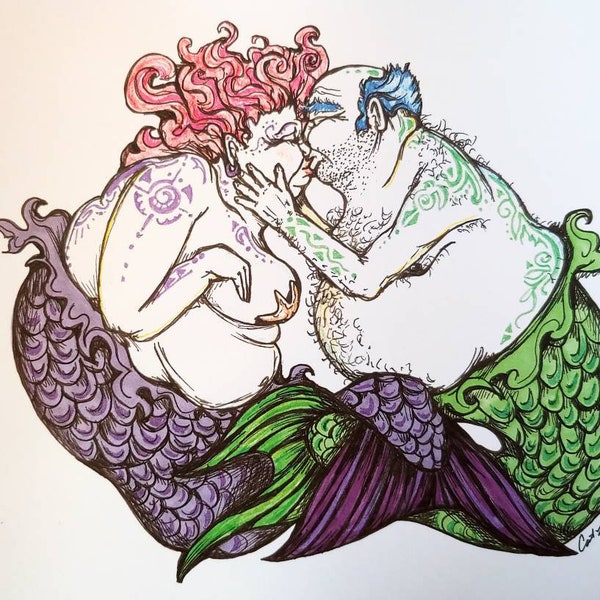 Kissing Merfolk. Art Print 8x10 inch. Mermaids. Mermaid art. Signed by artist. Mermaid decor.