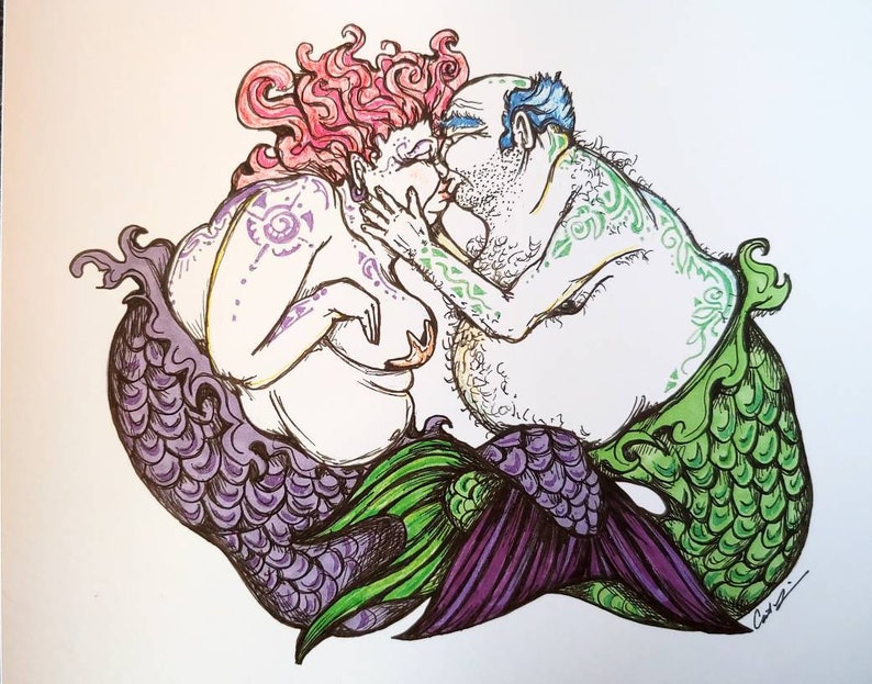 Kissing Merfolk. Art Print 8x10 inch. Mermaids. Mermaid art. Signed by artist. Mermaid decor. image 1