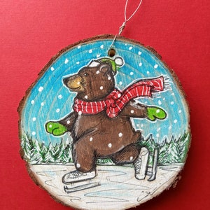 Original Art Ornament. Ice Skating Grizzly. Roughly 3 inches in diameter. Bear art. Ornaments. Bear Ornament. Bears. image 1