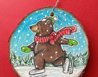 Original Art Ornament. Ice Skating Grizzly. Roughly 3 inches in diameter. Bear art. Ornaments. Bear Ornament. Bears.