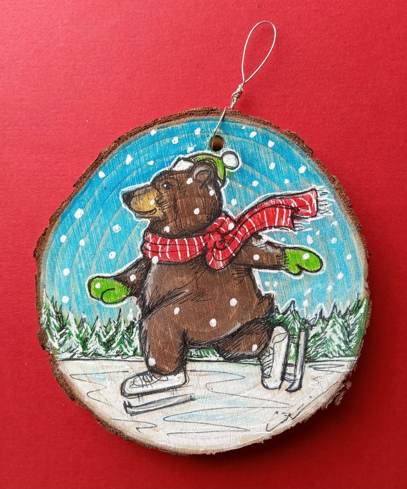 Original Art Ornament. Ice Skating Grizzly. Roughly 3 inches in diameter. Bear art. Ornaments. Bear Ornament. Bears. image 1