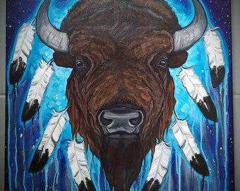 Original Painting. Dream Bison. 20x20 inch. Acrylic on Canvas. Spirit guides. Dream art. Bison art. Bison painting. Eagle Feather Art.