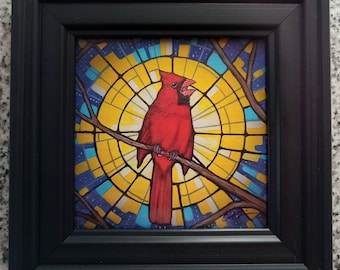 Mini painting print. Resilience. Cardinal Magic. 4x4 inch. Composite black frame. Photo print of original Painting. Cardinal