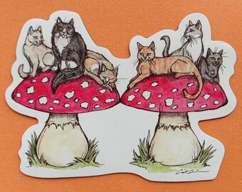 Magnet. Cats on Mushrooms. 3x2.23 inches. Flat. Refrigerator Magnet. Inspired by original design. Cat art. Mushroom art. Free shipping.