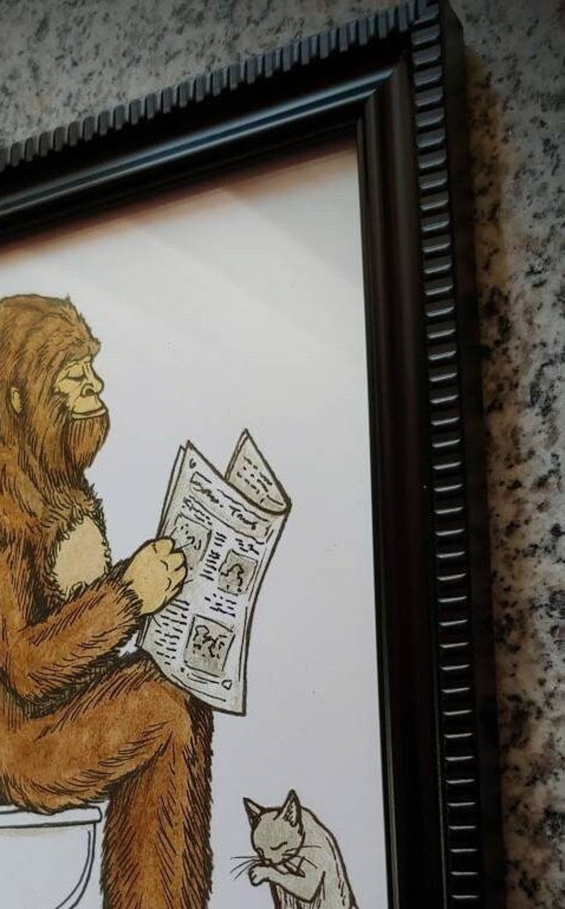 Framed print. Bigfoot Bathroom Buddies. Part two, Nature Calls. 5x7 inch. Bathroom art. Bigfoot on the Toilet. Bigfoot art. Sasquatch. image 3