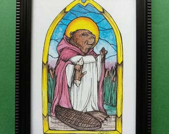 St. Beaver Art Print, Original Illustration in 5x7 inch, framed.  No A.I. Beaver Art.