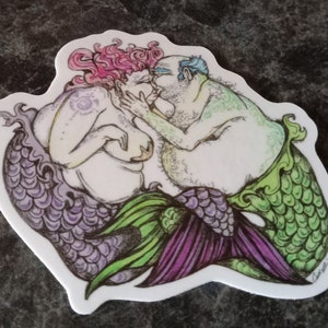 Vinyl sticker. Kissing Merfolk. 2.25x2.75 inches. Inspired by original piece. Merfolk. Mermaid art. Merman art. Mermaid stickers. image 2