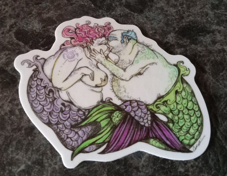 Vinyl sticker. Kissing Merfolk. 2.25x2.75 inches. Inspired by original piece. Merfolk. Mermaid art. Merman art. Mermaid stickers. image 2