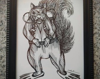 Scuba Squirrel Print. Squirrel Series #2. Art Print. 5x7inches.Framed Art. Scuba. Scuba diving. Squirrel.