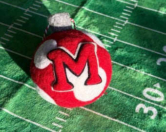 Miami University red ornament with white dots and the "M"