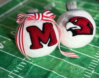 Miami University white ornament with "M" and Redhawk