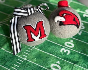 Miami University grey ornament with "M" and Redhawk