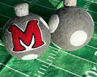 Miami University grey ornament with white dots and the "M" and Redhawk