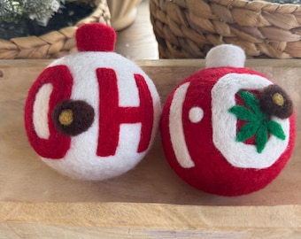 The Ohio University OH-IO set. Red and white ornaments with buckeye leaf.