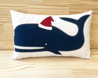 Holiday Whale with Santa Hat pillow, Holiday Coastal Pillow, Lumbar pillow, The Salty Cottage