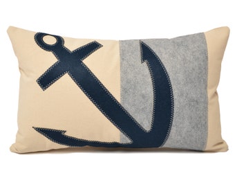 14x21" Navy anchor lumbar pillow with grey wool stripe detail