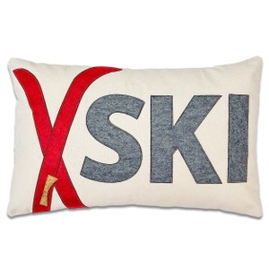 14x21&quot; SKI with crossed skis decorative throw pillow,  Red and Grey, Ski Lodge, Ski Pillow, Ski Slope, Winter Home Decor, The Salty Cottage