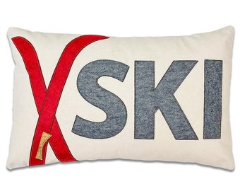 14x21" SKI with crossed skis decorative throw pillow,  Red and Grey, Ski Lodge, Ski Pillow, Ski Slope, Winter Home Decor, The Salty Cottage