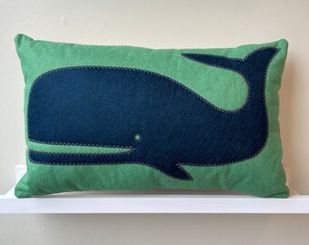 Preppy whale pillow - Navy blue on green wool felt