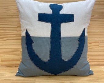 21" Navy Blue colorblock anchor pillow, grey and white, oversized pillow, The Salty Cottage
