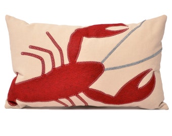 14x21" Deep red lobster lumbar pillow on natural canvas