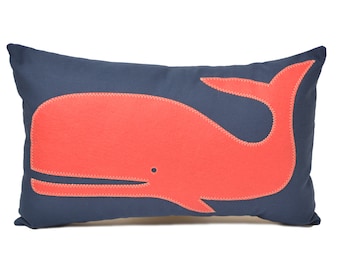 14x21" Coral Whale lumbar pillow on Navy canvas