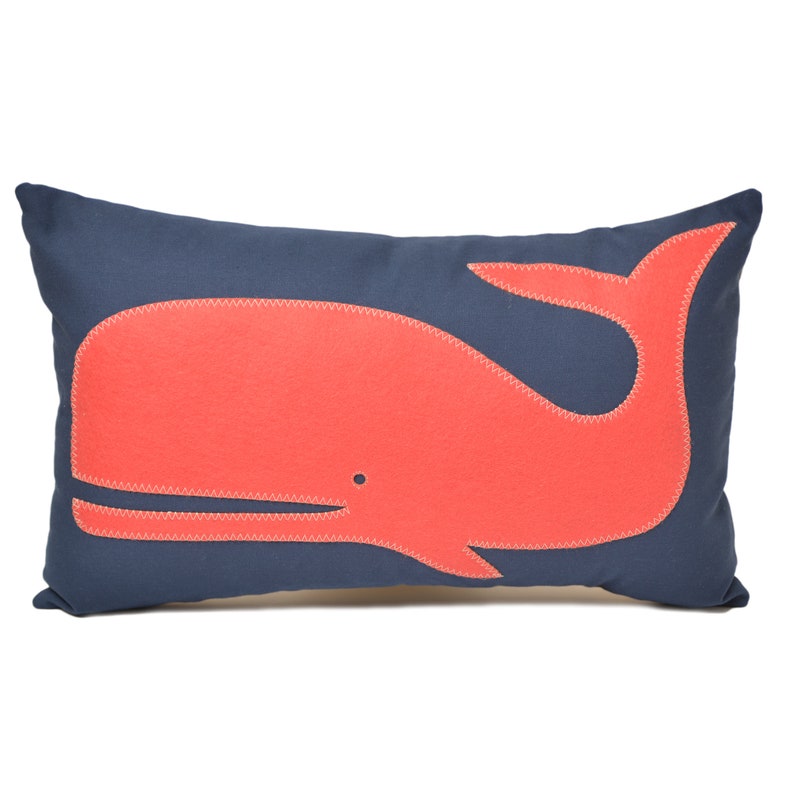 14x21 Coral Whale lumbar pillow on Navy canvas image 1
