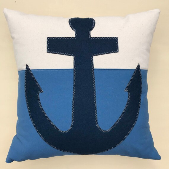 Navy Blue Anchor Pillow Beach House Color Block Pillow Etsy