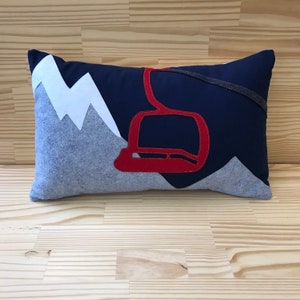 14x21" Ski lift on mountains lumbar pillow, Red on navy with grey mountains, Ski Lodge, Ski Pillow, Ski Slope, Winter Home Decor