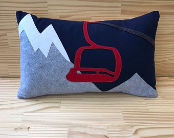 14x21" Ski lift on mountains lumbar pillow, Red on navy with grey mountains, Ski Lodge, Ski Pillow, Ski Slope, Winter Home Decor