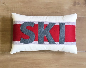 14x21" SKI decorative throw pillow,  Red and Grey, Ski Lodge, Ski Lift, Ski Pillow, Ski Slope, Winter Home Decor, The Salty Cottage