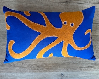 14x21" Octopus pillow Orange and Cobalt, wool felt on canvas