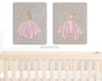 Pink and Gold Ballerina Paintings | "Tiny Constellations I & II" | 16" x 20" x 3/4" | by Alexis Martinez Puleio