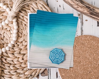 Flat Note Cards Set Of 5 With White Envelops | Greeting Card Set | Beach Umbrella Shoreline