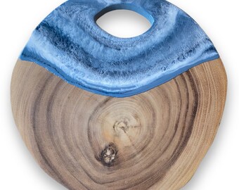 Blue and White Resin Cheese Board - Round Raw Tree Ring Wood - MADE and ready to Ship!