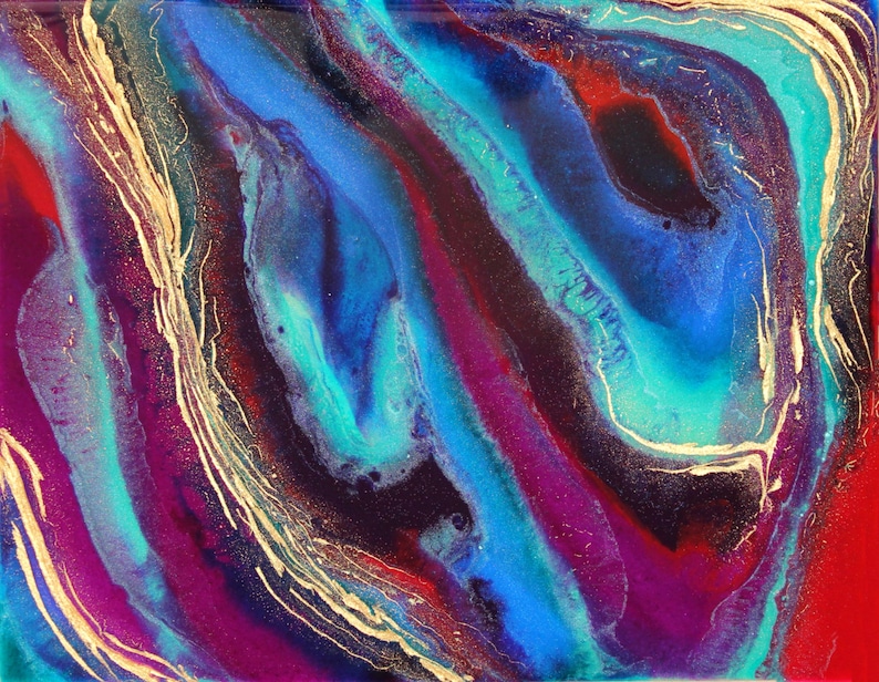 Original Abstract Resin Art Aqua, Purple, & 18K Gold Art soul on Fire