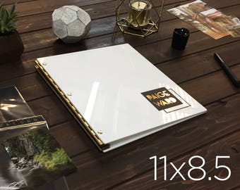 Glossy White Portfolio 11 x 8.5 Portrait folio presentation book with gold hardware - Sleek Portfolio Book Case 11 x 8.5 Portrait