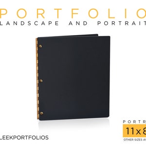 Portafolio tamaño carta, negro brillante, 11 x 8,5, orientación vertical, estuche tipo libro con bisagras doradas, folio de presentación vertical de 11 x 8,5
