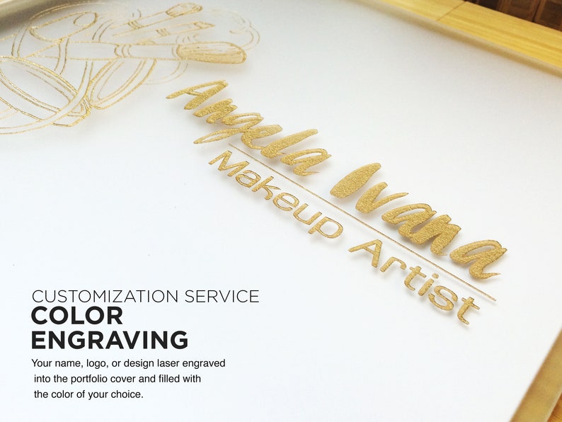 May include: A white background with gold lettering that reads "Angela Ivana Makeup Artist". The image also includes a gold outline of makeup brushes.