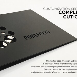K&ouml;nnte beinhalten: Schwarzer Portfolio-Umschlag mit einem Ausschnitt in Form einer Gruppe von Kreisen. Der Text "PORTFOLIO" ist aus dem Umschlag ausgeschnitten. Der Text "CUSTOMIZATION SERVICE COMPLETE CUT-OUT" ist in Wei&szlig; auf schwarzem Hintergrund gedruckt.