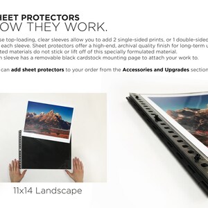 May include: Clear plastic sheet protectors for photos and artwork. The protectors are top-loading and archival quality. The image shows a 11x14 inch landscape photo inserted into a protector.