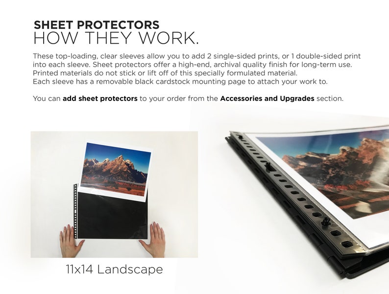 May include: Clear plastic sheet protectors for photos and artwork. The protectors are top-loading and archival quality. The image shows a 11x14 inch landscape photo inserted into a protector.