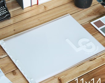 Frosted Clear 11x14 landscape Portfolio Book Case with white hardware screw post portfolio - Folio -  Pure White Frosted Clear 11x14