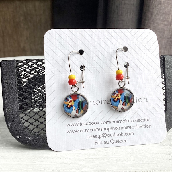 Miro, Rooster, cabochon earrings, seed beads, yellow and red, stainless steel... CAB1008-2